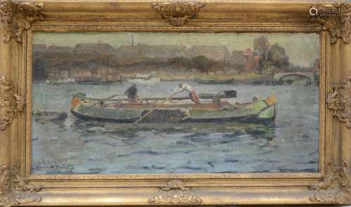 Cornelis De Bruin: painting (o/c) 'flat boats' (40x80 cm)