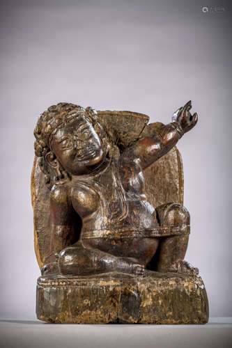 A wooden statue with polychromy 'Virupa', Tibet 14th - 15th century (16 x 12 cm) (*)