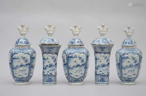 A five-piece blue and white set in Delft earthenware with chinoiserie decoration, 18th century (