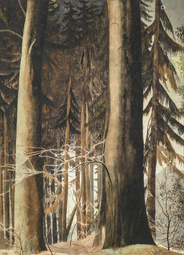 Leon Spilliaert 1938: gouache 'pine and beech forest, autumn' (79x58 cm)