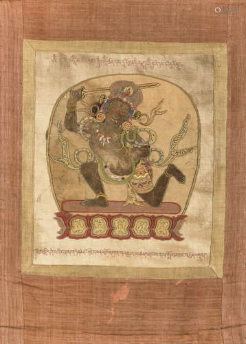 A rare silk appliqué thangka 'Achala', inscriptions (63x46 cm)