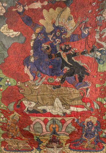 A rare monumental thangka with appliqué work 'Yama', Tibet (182x110 cm)