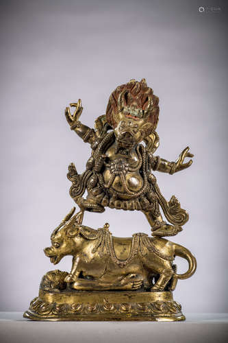 A Tibetan gilt bronze statue of 'Yama Dharmaraja', 18th century (17.5 cm) (provenance: Piasa 2005)