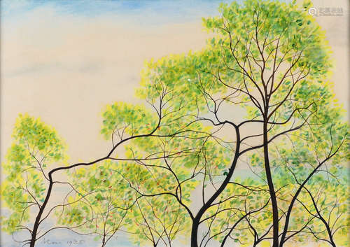 Leon Spilliaert 1935: (gouache, pencil, watercolor on paper) 'tree branches in spring' (34.5x49.4