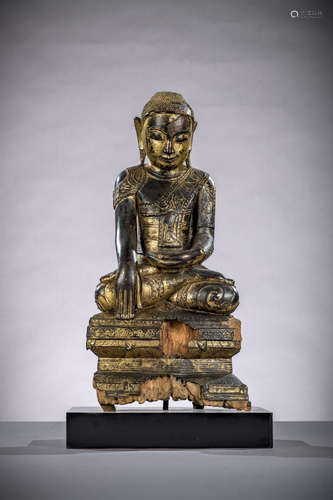 A wooden statue with gold lacquer 'Buddha', Burma 19th century (51 cm)