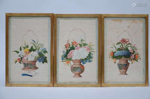 Three Chinese paintings on rice paper 'flower basket' (30x18 cm)