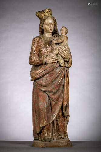 Large statue in polychrome wood 'standing Madonna and Child', 16th - 17th century (110 cm)