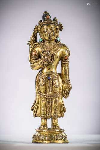 Tibetan statue in gilt bronze 'standing bodhisattva' 15th century (10 cm)