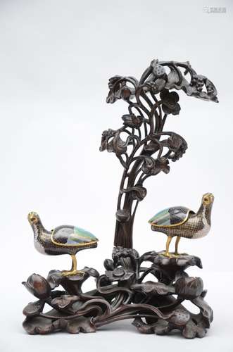 Chinese incense burner with 2 cloisonné birds on a wooden base (58x40x18 cm) (*)