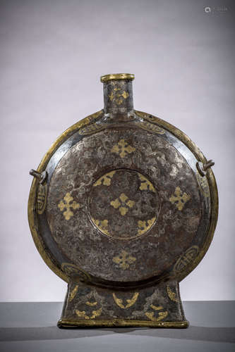 Tibetan iron pilgrim flask with gilt and silvered decoration 'longevity symbols' (h 35.5 x dia 28