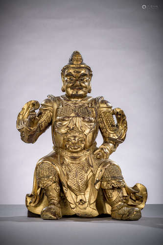 Large gilt wood sculpture 'Vaishravana', China 18th century (55x42x22 cm)