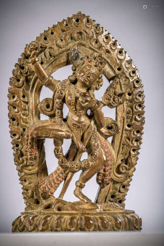 Wooden sculpture with polychromy 'Vajrayogini', Tibet or Nepal 17th - 18th century (13,5 cm)