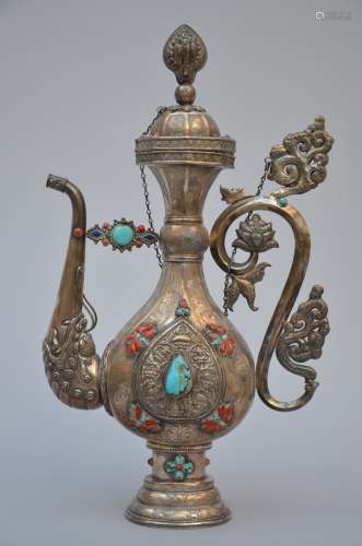 Tibetan silver ewer inlaid with lapus, coral and turquoise (47 cm)