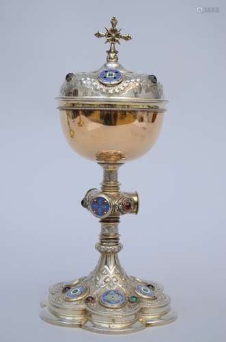 Gothic revival ciborium in silver with enamel and stones (31 cm)