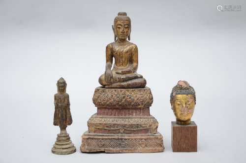 Lot Thailand: wooden Buddha statue (22 cm) + head in terra cotta (7 cm) and standing Buddha in