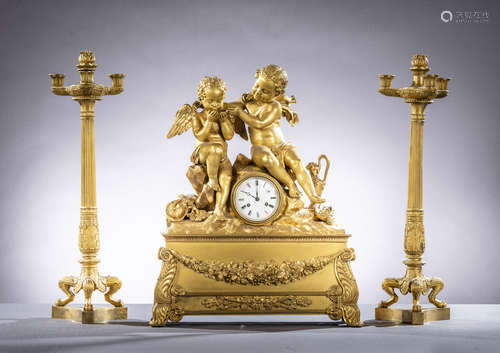 Three-piece Charles X clock set in gilt bronze 'putti' (67cm) (63x51x18cm)