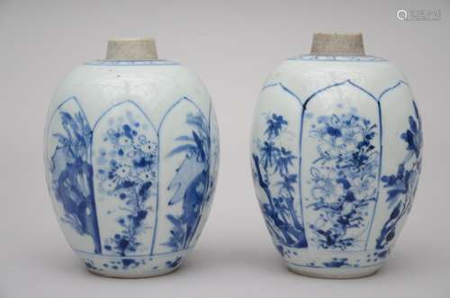 A pair of blue and white ginger jars in Chinese porcelain 'flowers', Kangxi period (13 cm)