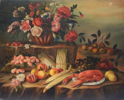 Anonymous: painting (o/c) 'still life with lobster' (80x100 cm)