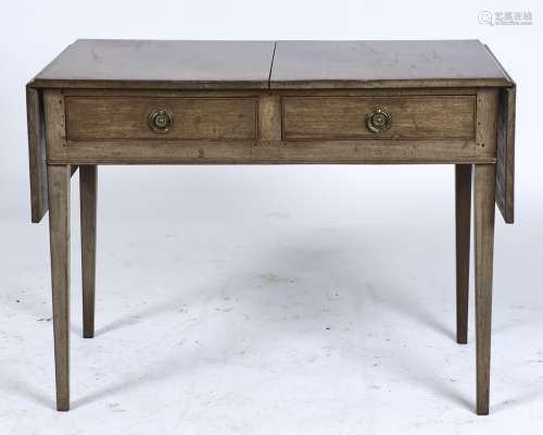 A MAHOGANY TWO DRAWER TABLE, THE RECTANGULAR TOP WITH PAIR OF FOLDING FLAPS, SCRATCH MOULDED DRAWERS