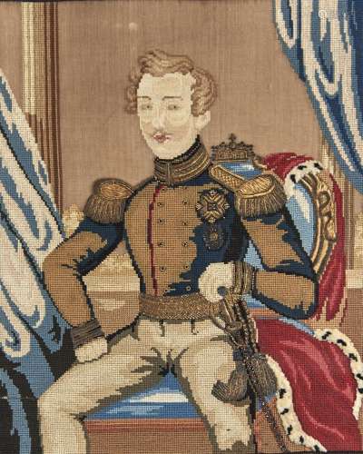 A VICTORIAN WOOLWORK AND METAL THREAD PICTURE OF ALBERT, THE PRINCE CONSORT, MID 19TH C, 51 X 43CM