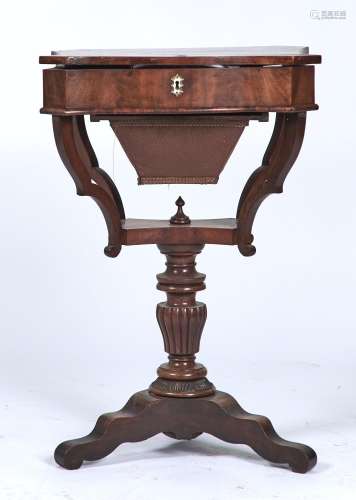 A CONTINENTAL MAHOGANY WORK TABLE, C1850, THE BUTTERFLY VENEERED TOP WITH SERPENTINE FRONT, INCURVED