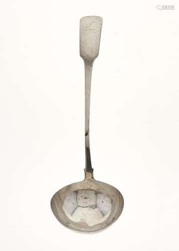 AN IRISH GEORGE III SILVER SOUP LADLE, FIDDLE PATTERN, CRESTED, BY RICHARD WHITFORD, DUBLIN 1813,