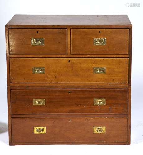 A VICTORIAN MAHOGANY CAMPAIGN CHEST, C1880, TWO PARTS AND FITTED TWO SHORT AND THREE LONG DRAWERS