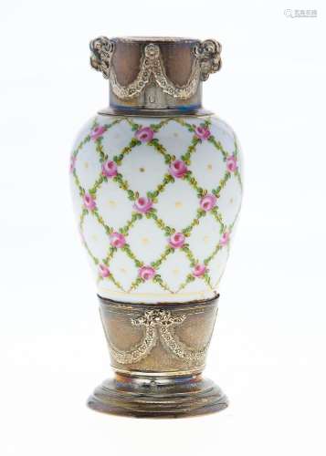 A FRENCH SILVER GILT MOUNTED PORCELAIN VASE, C1900, PAINTED WITH ROSE TRELLIS BETWEEN FESTOON
