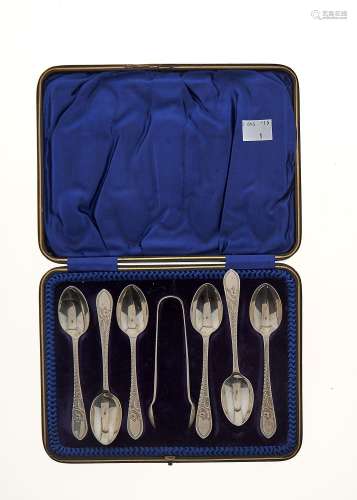 A SET OF SIX EDWARDIAN SILVER COFFEE SPOONS AND PAIR OF SUGAR BOWS, BY C W FLETCHER, SHEFFIELD 1903,