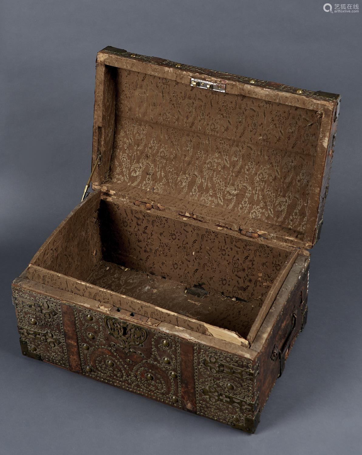 A QUEEN ANNE BRASS-STUDDED LEATHER-COVERED TRAVELLING TRUNK, POSSIBLY ...