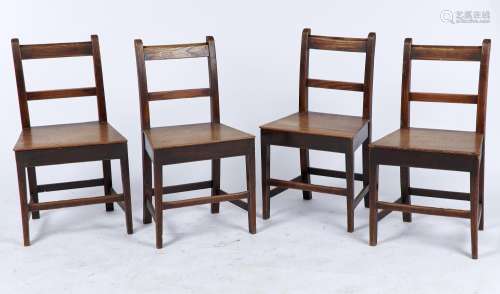 A SET OF FOUR ELM KITCHEN CHAIRS, C1850, SIMPLE BAR BACKS WITH BOARDED SEATS ON SQUARE TAPERED