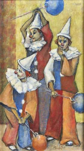 MARTIN WIELAND (FL1970 - 1980s) - THREE CLOWNS, SIGNED AND DATED '87, OIL ON BOARD, 60.5 X 34CM