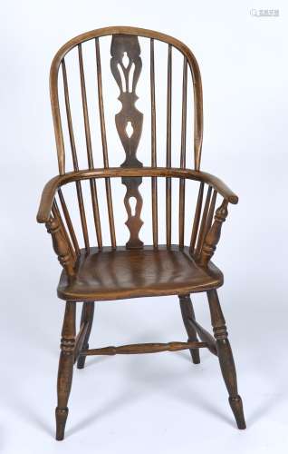 A MID 19TH C HIGH BACK ASH AND ELM WINDSOR ELBOW CHAIR, C1850, PIERCED SPLAT, DISHED ELM SEAT ON