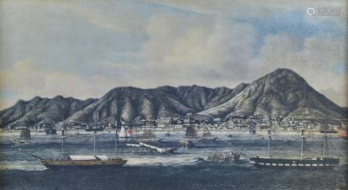 TWENTIETH CENTURY REPRODUCTION COLOUR PRINT OF A VIEW OF HONG KONG, C1860, 41 X 72CM, FRAMED