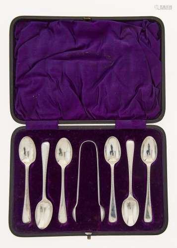 A SET OF SIX VICTORIAN SILVER TEASPOONS AND PAIR OF SUGAR BOWS, FEATHER EDGE PATTERN, BY MARK