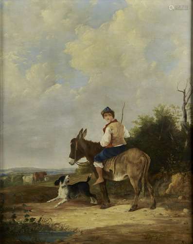 FOLLOWER WILLIAM SHAYER - A FARM BOY ON A DONKEY WITH A DOG AND LIVESTOCK, BEARS SIGNATURE, OIL ON