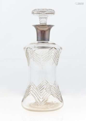 A GEORGE V SILVER MOUNTED CUT GLASS DECANTER AND MUSHROOM STOPPER, THE DECANTER OF WAISTED FORM WITH