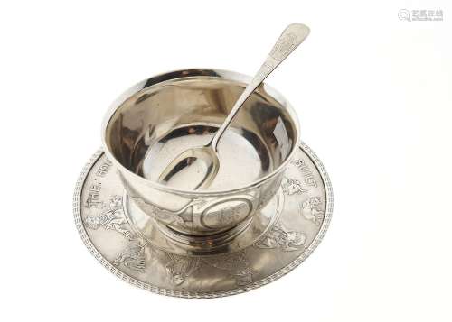 AN EDWARDIAN SILVER CIHILD'S NURSERY RHYME DISH, BOWL AND SPOON, ETCHED IN SHALLOW RELIEF AND