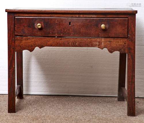 A GEORGE III OAK SIDE TABLE, EARLY 19TH C, FITTED WITH A DRAWER, SHAPED APRON, ON SQUARE LEGS WITH