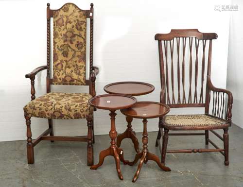AN OAK HIGHBACK ELBOW CHAIR, MID - LATE 20TH C, THE ARCHED BACK FLANKED BY ACORN FINIALS AND SPLIT