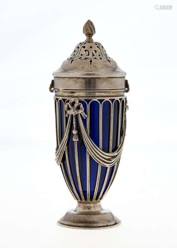AN EDWARDIAN SILVER WIREWORK SUGAR CASTER AND COVER, APPLIED WITH FESTOONS AND BOWS, BLUE GLASS