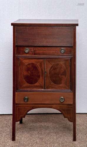 A MAHOGANY AND LINE INLAID WASHSTAND, 19TH C, WITH HINGED TOP AND REEDED PANELS TO THE FRONT