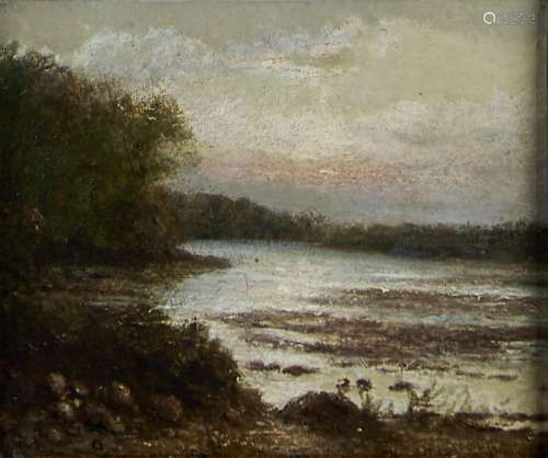 ENGLISH SCHOOL, 19TH CENTURY, - SUNSET OVER A RIVER, OIL ON ARTIST'S BOARD, 17,5 X 20.5CM