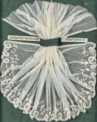 AN ENGLISH NEEDLE LACE APPLIQUE, 18TH C AND A NAPOLEON III LACE VOILE DE BERCEAU, IN TWO FRAMES,