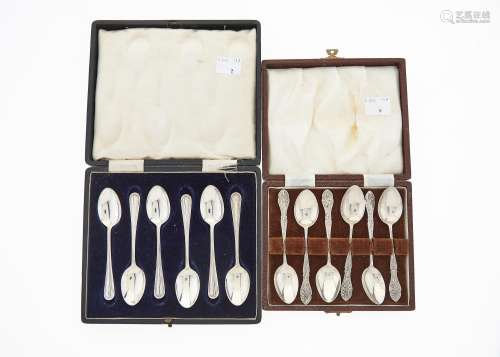 A SET OF SIX GEORGE V SILVER COFFEE SPOONS, BY A J BARLEY, BIRMINGHAM 1918 AND ANOTHER CASED SET