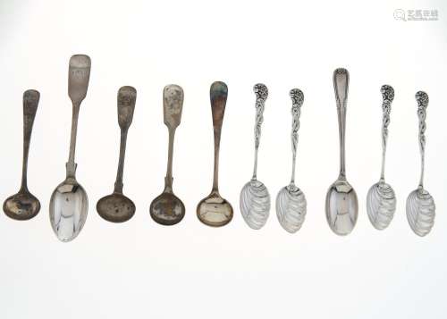 MISCELLANEOUS GEORGE III AND LATER SILVER TEA, COFFEE AND CONDIMENT SPOONS AND A PAIR OF SUGAR BOWS,