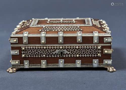 AN ANGLO INDIAN IVORY MOUNTED SANDALWOOD CASKET, VIZAGAPATAM, 1 C1930, OVERLAID WITH FRETWORK