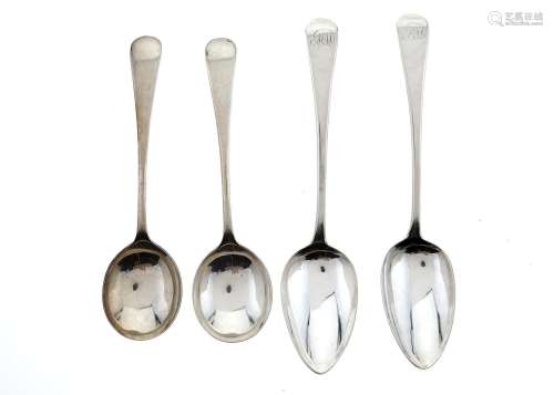 A PAIR OF GEORGE III SILVER TABLESPOONS, OLD ENGLISH PATTERN, BY WILLIAM EATON, LONDON 1803 AND A