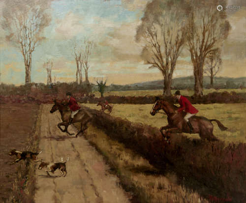 BRITISH SCHOOL, JOHN FITZGERALD, 20TH CENTURY, THE PYCHLEY HUNT, SIGNED (IN RED) OIL ON CANVAS