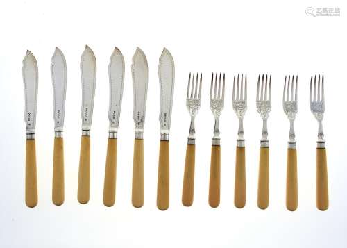 A SET OF SIX VICTORIAN SILVER FISH KNIVES AND FORKS, BONE HAFTED, BY WILLIAM HUTTON & SONS,